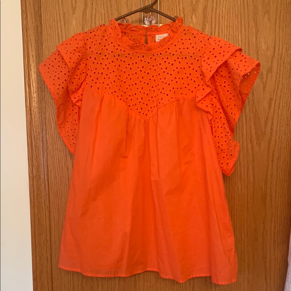 A New Day Orange Ruffled Blouse with Flutter Sleeves